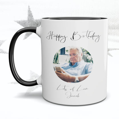 Happy Birthday Fancy Font Circle Photo Mug