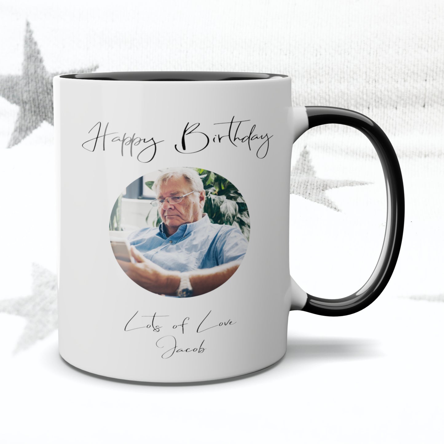 Happy Birthday Fancy Font Circle Photo Mug