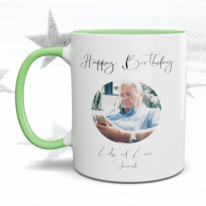 Happy Birthday Fancy Font Circle Photo Mug