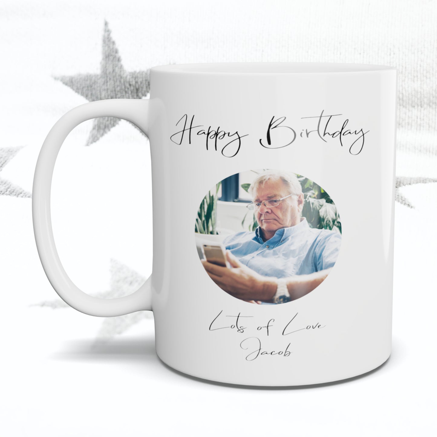 Happy Birthday Fancy Font Circle Photo Mug