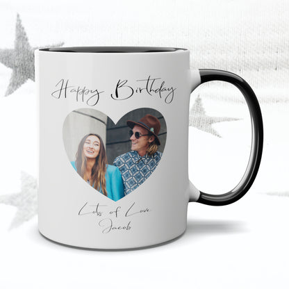 Happy Birthday Fancy Font Heart Photo Mug