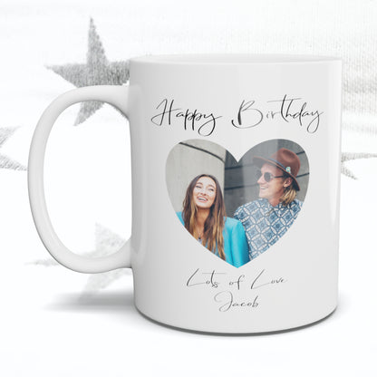 Happy Birthday Fancy Font Heart Photo Mug